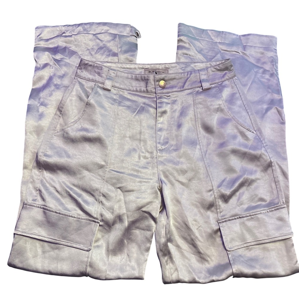 NEW BCBGeneration Champagne Satin Convertible Cargo Pants Snap Hem Size XS